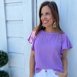 NWT S'Edge Taryn Gauzy Flutter Sleeve Pullover Top Punch Lilac Boxy Cropped XL